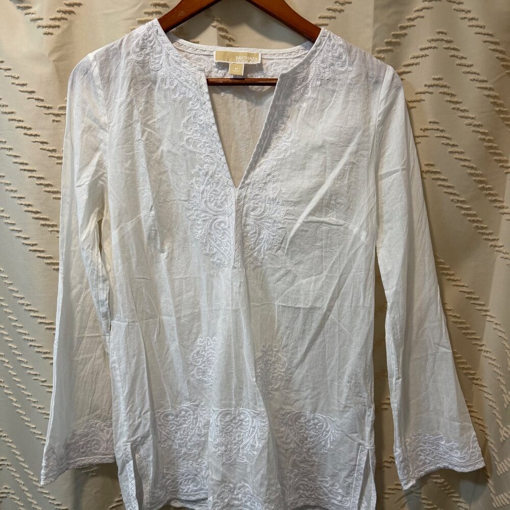 Michael Kors White Cotton Embroidered Tunic V-Neck Swim Cover Up 100% Cotton